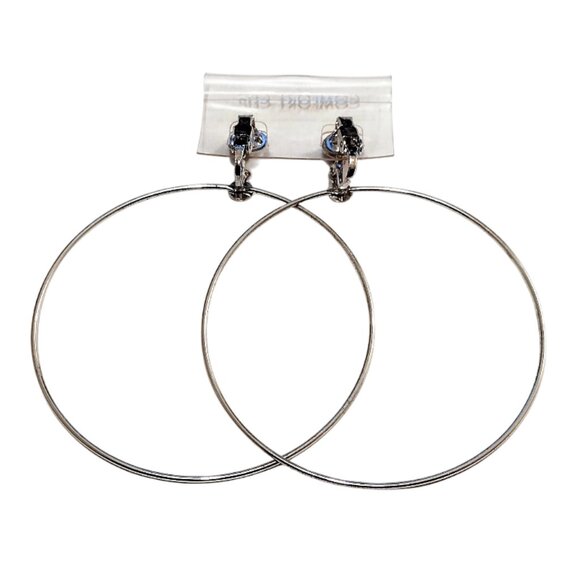 2 3/4" Thin Ring Long Hoops Clip On Earrings Silver Tone Vintage Extra Large - Picture 3 of 4